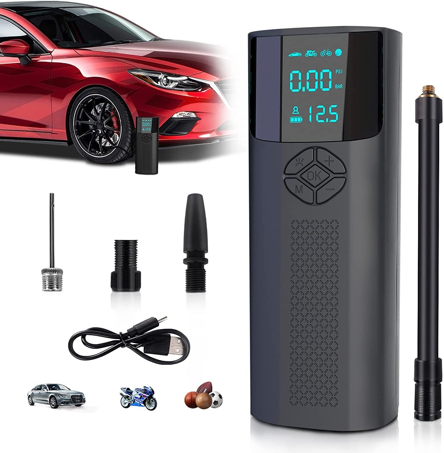 Tire Inflator Portable Air Compressor, Electric Air Pump 150PSI with Pressure Gauge, Heat Dissipation, Mini Tire Pump with 5000mAH Battery and Digital Display, for Car、Bike、Motorbikes、Ball (Black)
