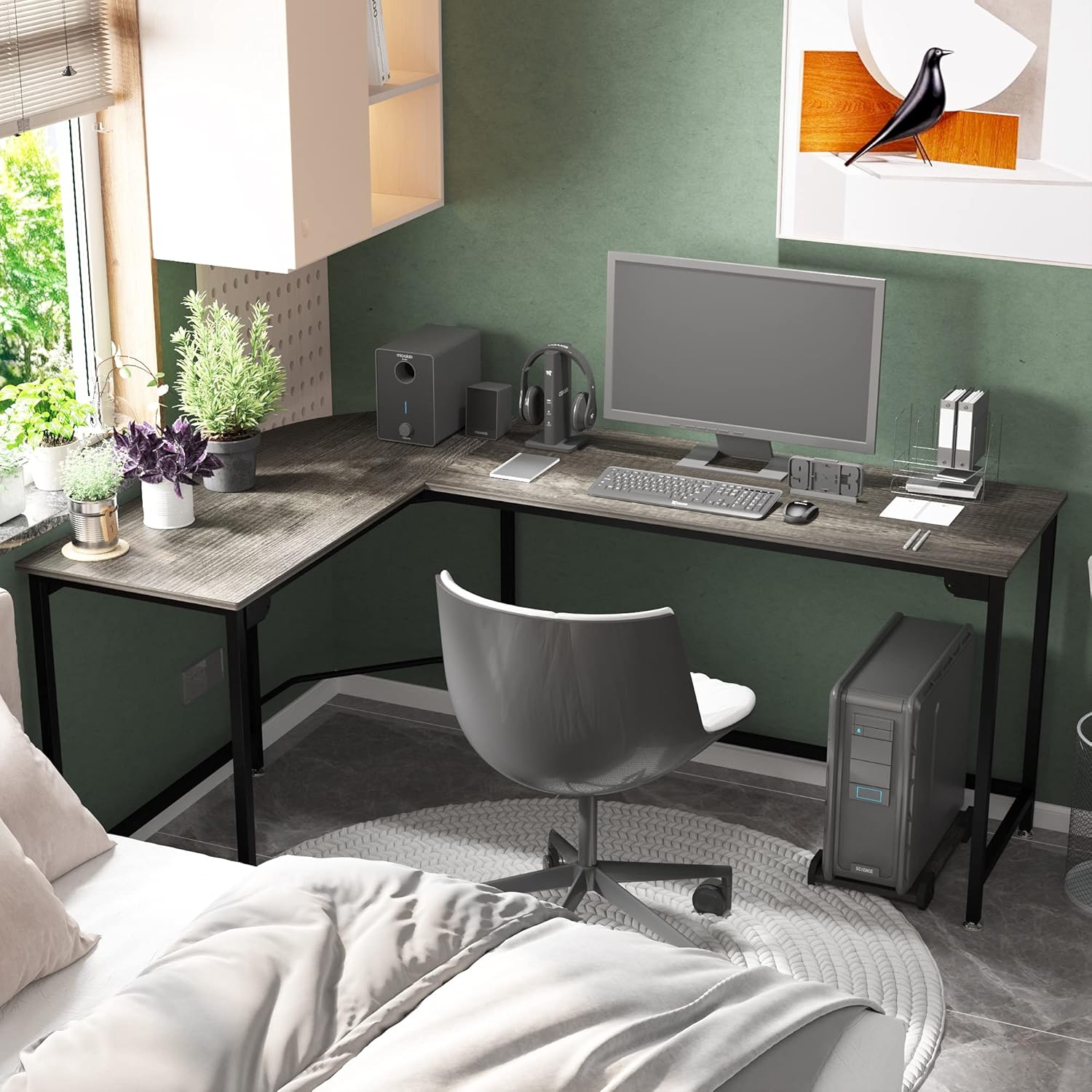 Younux L Shaped Desk Computer Desk, Gaming Desk with Round Corner, Home Office Study Workstation Table, Black Oak