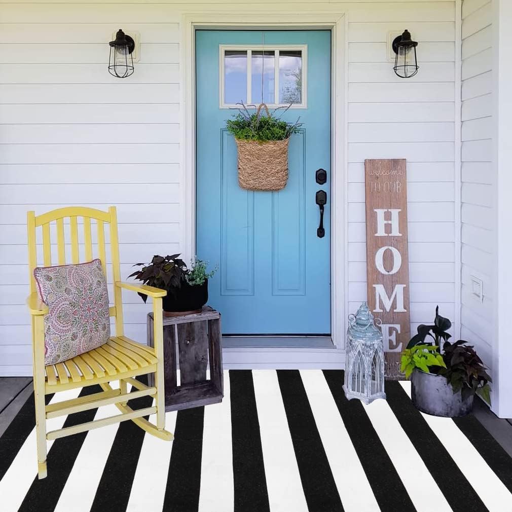 Striped Outdoor Rug 2' X 4.3', Ailsan Black and White Front Porch Rug Machine Washable Layered Door Mats Cotton Woven Runner Rug Entryway Rug Indoor Outdoor Doormats for Farmhouse/Entrance