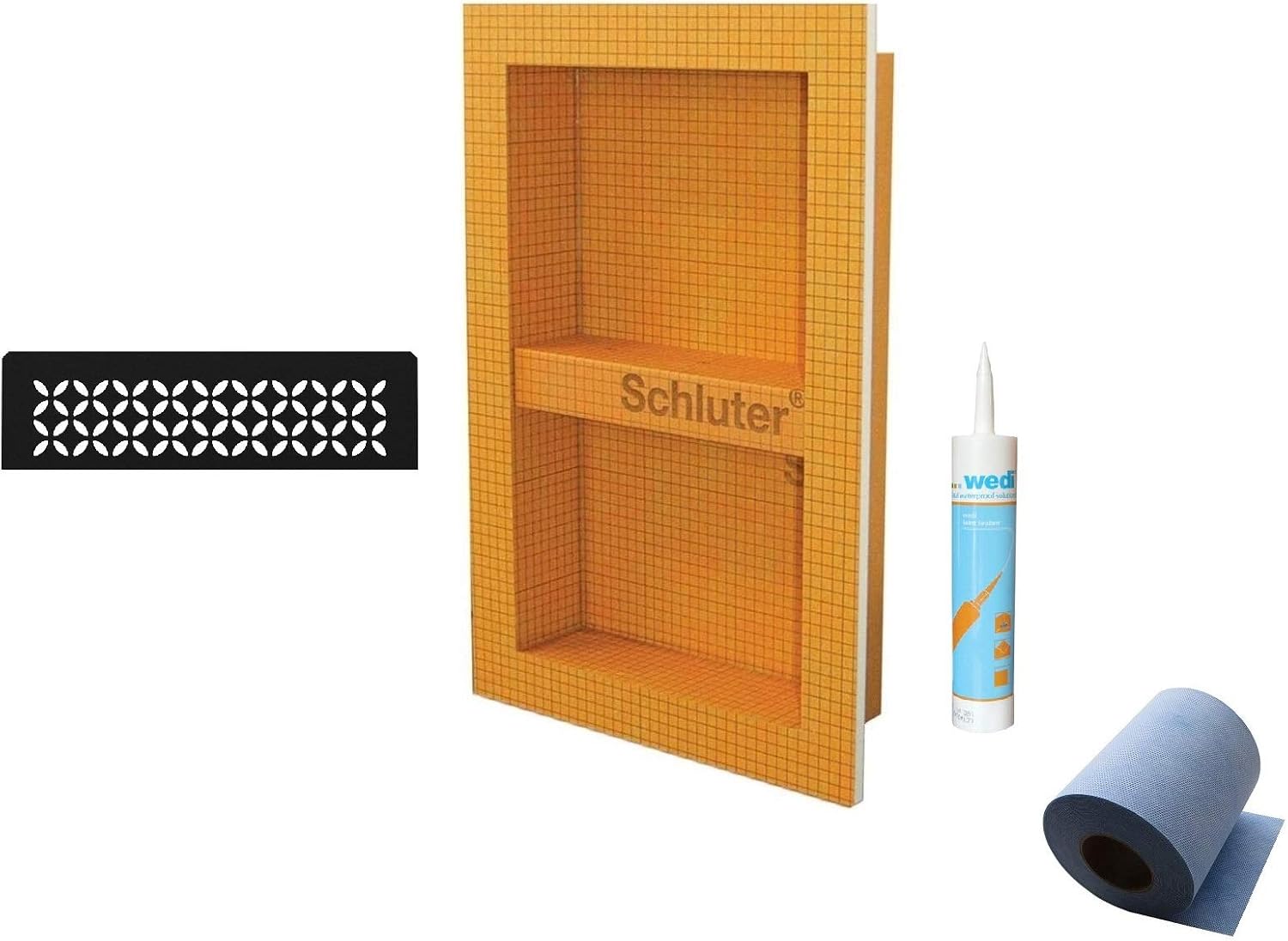 Schluter Systems KERDI-BOARD-SN KB12SN305508A1 Shower Niche 12 Inch x 20 Inch, Floral SNS1D5MGS Matte Black Shelf with Sealant and Waterproofing 5M Band