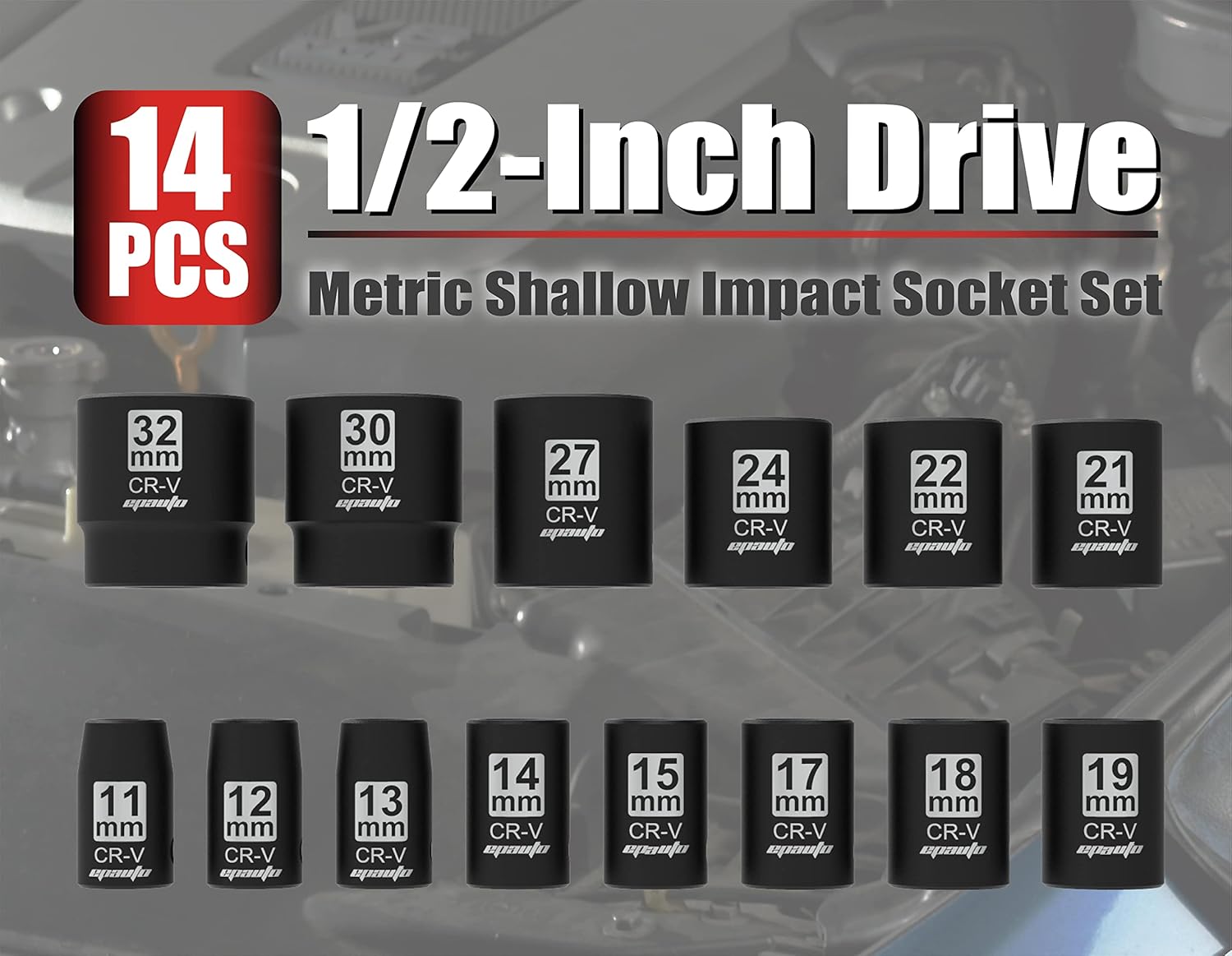 EPAuto 1/2-Inch Drive Metric Shallow Impact Socket Set, Cr-V, 6-Point, 14 Sockets