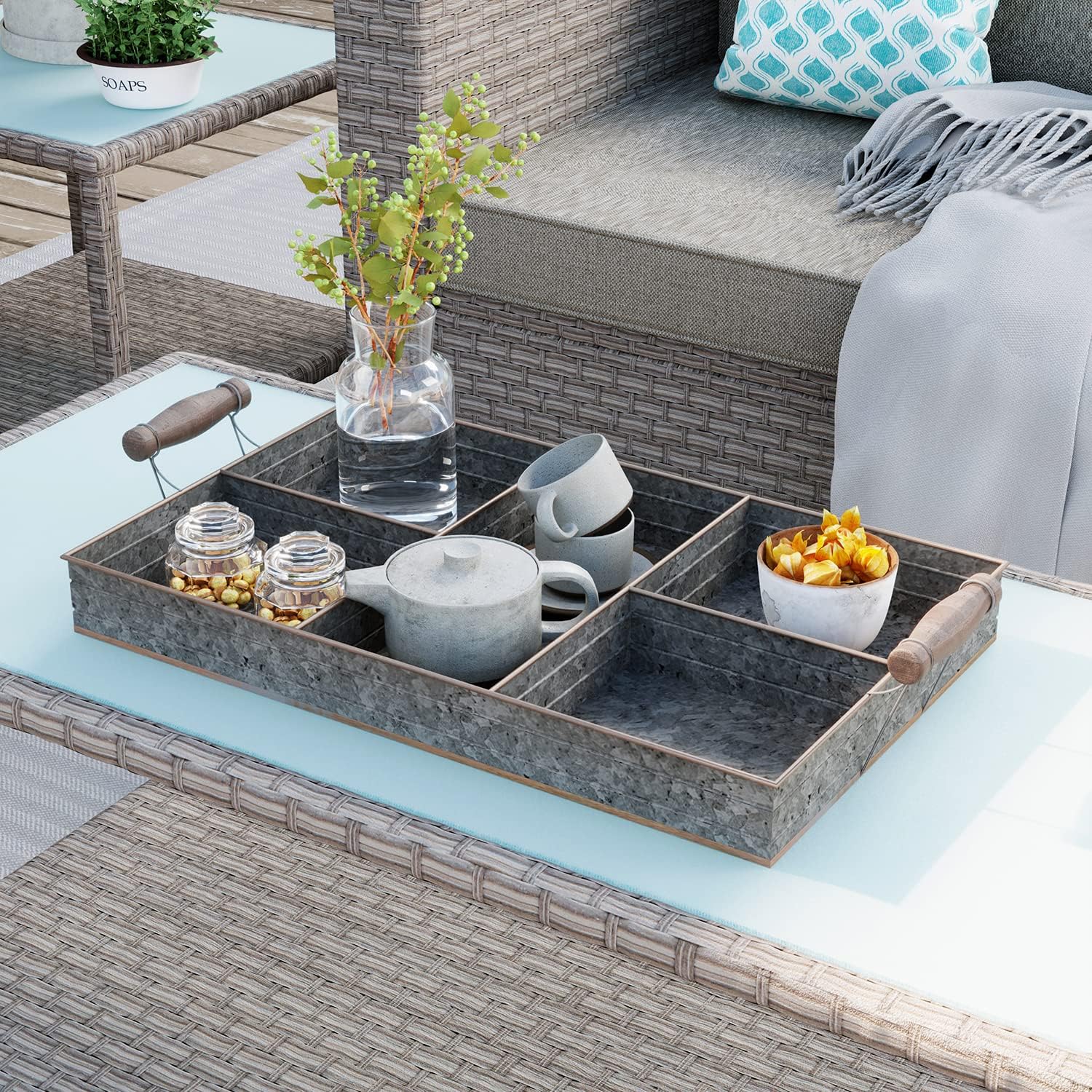 HOMPUS Galvanized Metal Storage Tray with Dividers Rustal Farmhouse Desk Organizer with Handle, Decorative Silverware Drawer Caddy with 5 Compartments for Home, Kitchen, Living Room or Office Pack of 2