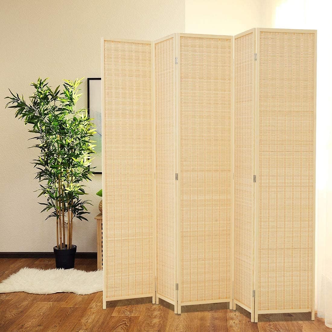 JOSTYLE Room Divider with Natural Bamboo ,4-Panel Folding Privacy Screen Room Divider-Beige