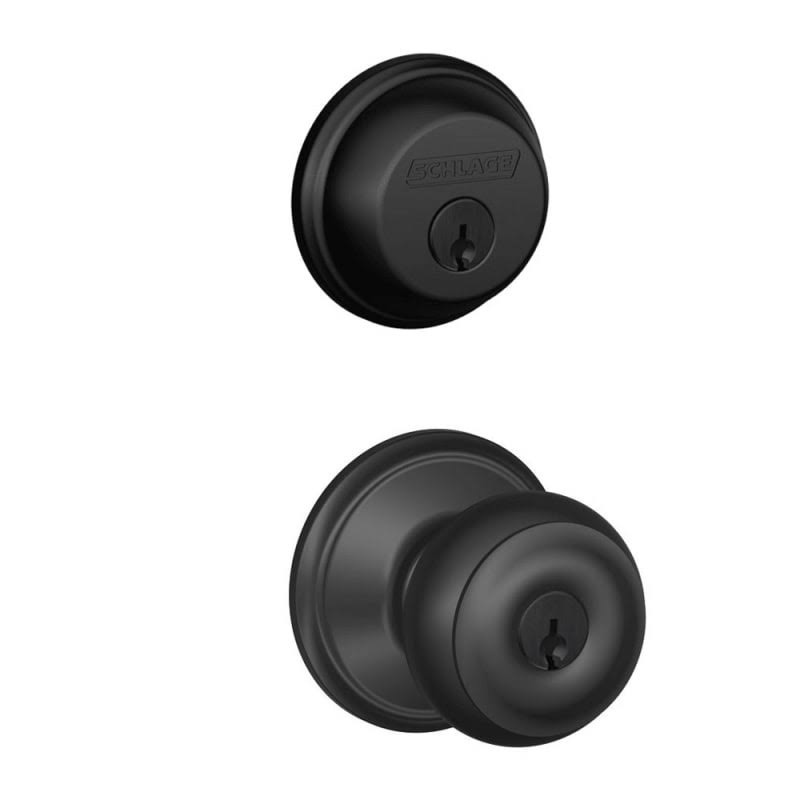 Schlage FB50-GEO Georgian Single Cylinder Keyed Entry Door Knob Set and Deadbolt Combo Matte Black Knobset Combo Pack Keyed Entr