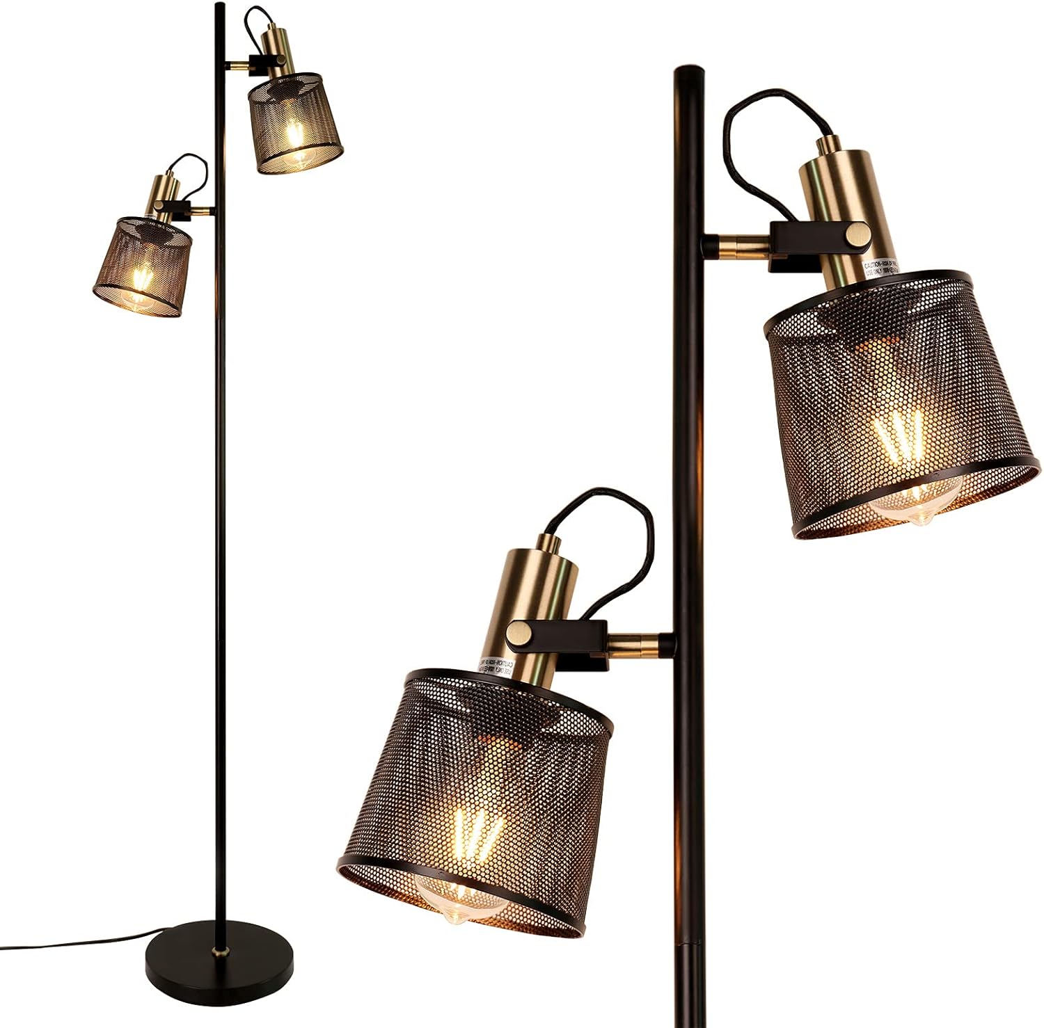 JEUNEU Black Double Heads Metal Mesh&nbsp;Enclosure Floor Lamps Adjustable Net Light with Switch Socket for Living Room Bedroom