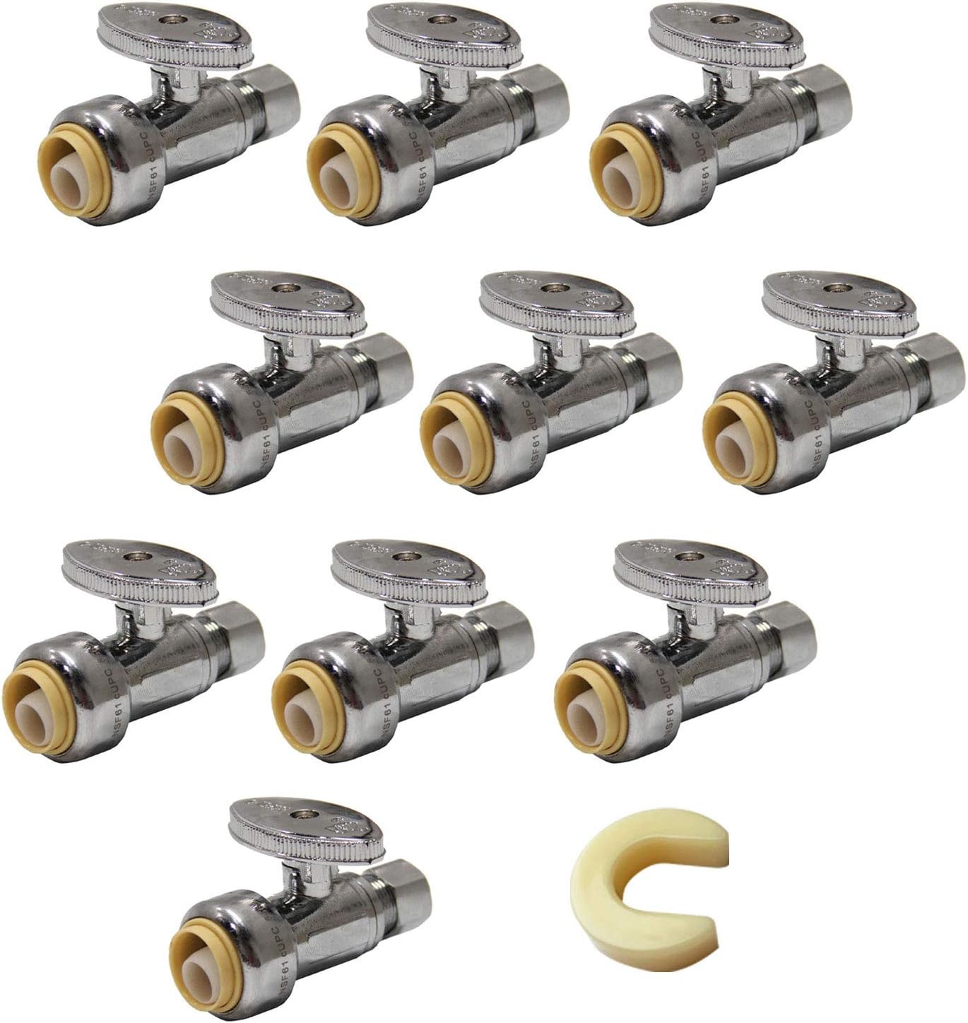 (Pack of 10) EFIELD Push Fit 1/4 Turn Straight Stop Valve Water Shut Off 1/2 Push x 3/8 Inch Compression Chrome with a Disconnect Clip