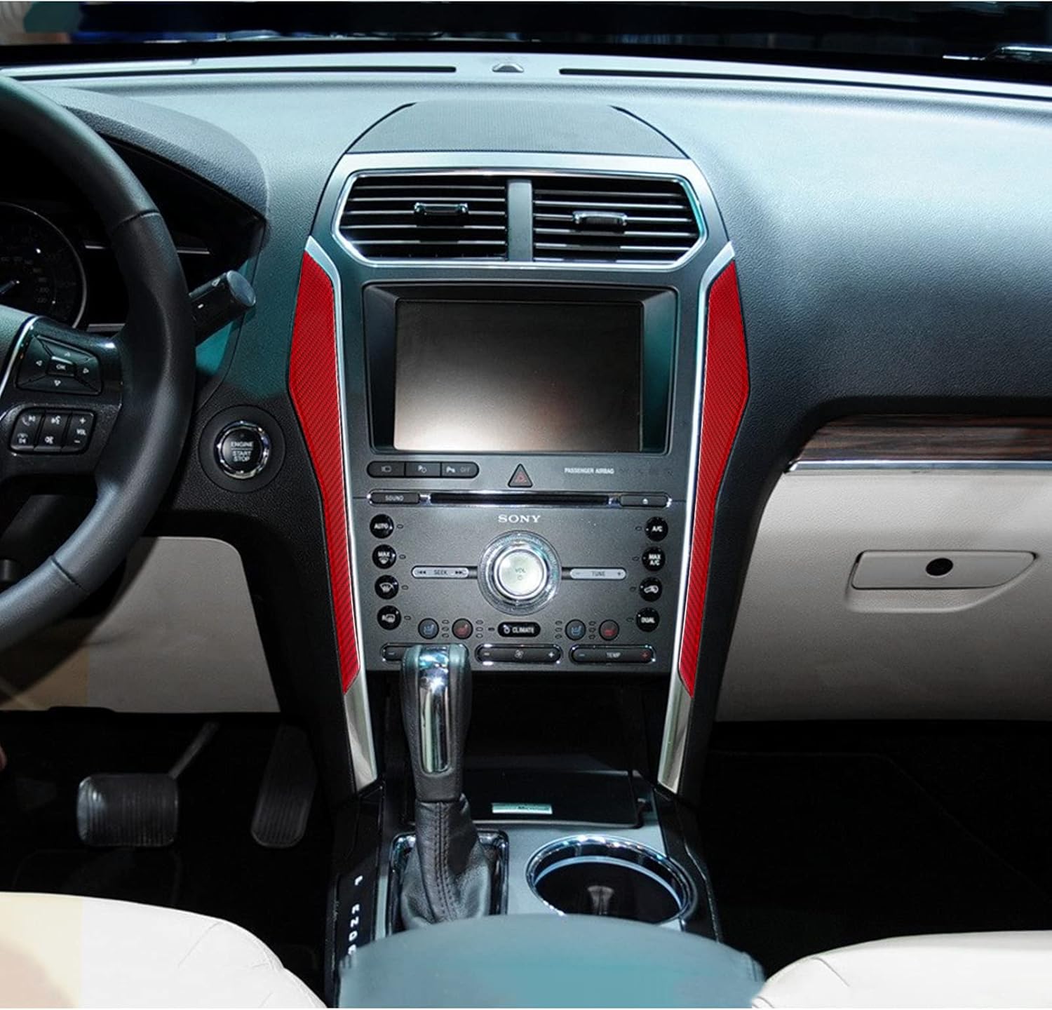 SUNJIKA Compatible with 2PCS Carbon Fiber Center Console Multimedia Screen Side Frame Strip Trim Cover Sticker Accessories for Ford Explorer 2013 2014 2015 2016 2017 2018 (Red)