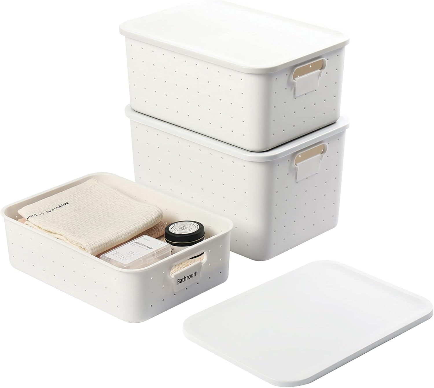 vacane Set of 3 Plastic Storage Bins with 3 Lids,Modern White Stackable Organizer Lidded Basket with Writable Label for Organizing,Sturdy Containers for Shelves Pantry Office School,Small Medium Large