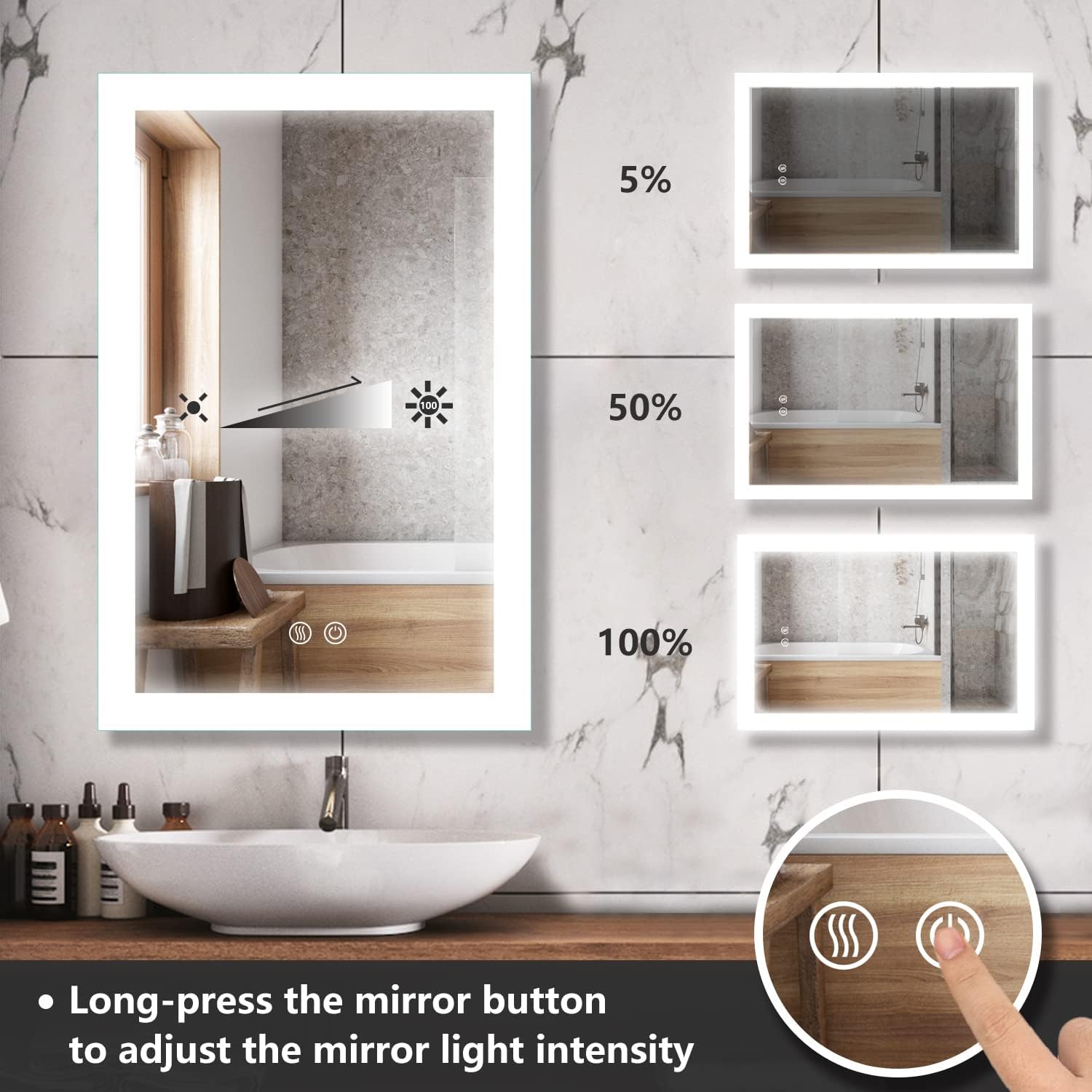36 x 28 inch LED Lighted Bathroom Mirror, Wall Mounted Dimmable Vanity Backlit Mirror, Anti-Fog Mirror, Horizonal & Vertical, ETL Listed