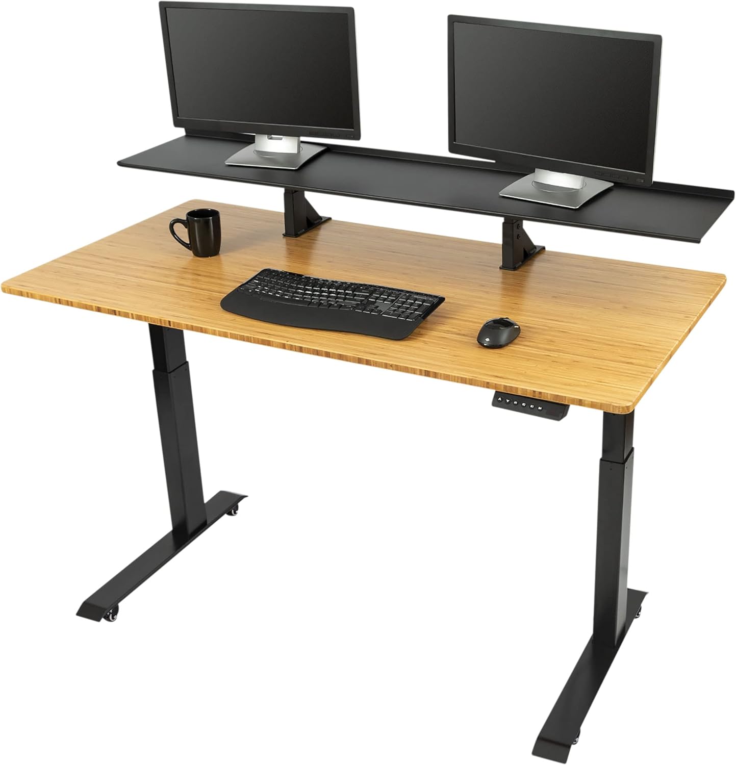 Stand Up Desk Store Split Top Electric Adjustable Height Standing Desk with Monitor Shelf (Black Frame/Matte Black Top, 48