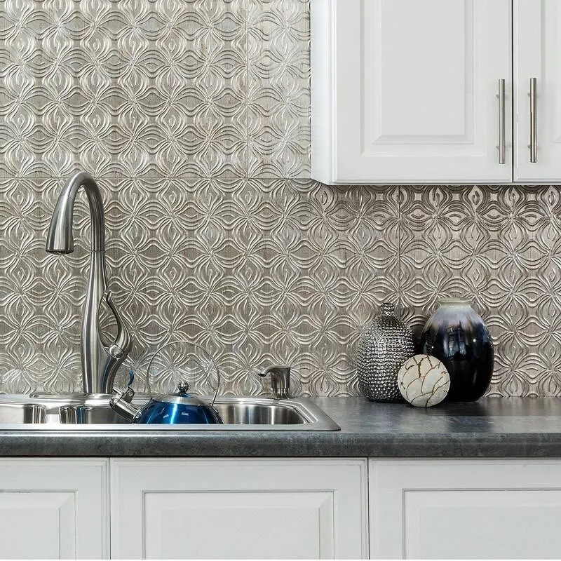Fasade Lotus Decorative Vinyl Backsplash 15 Sq ft Kit in Vintage Metal