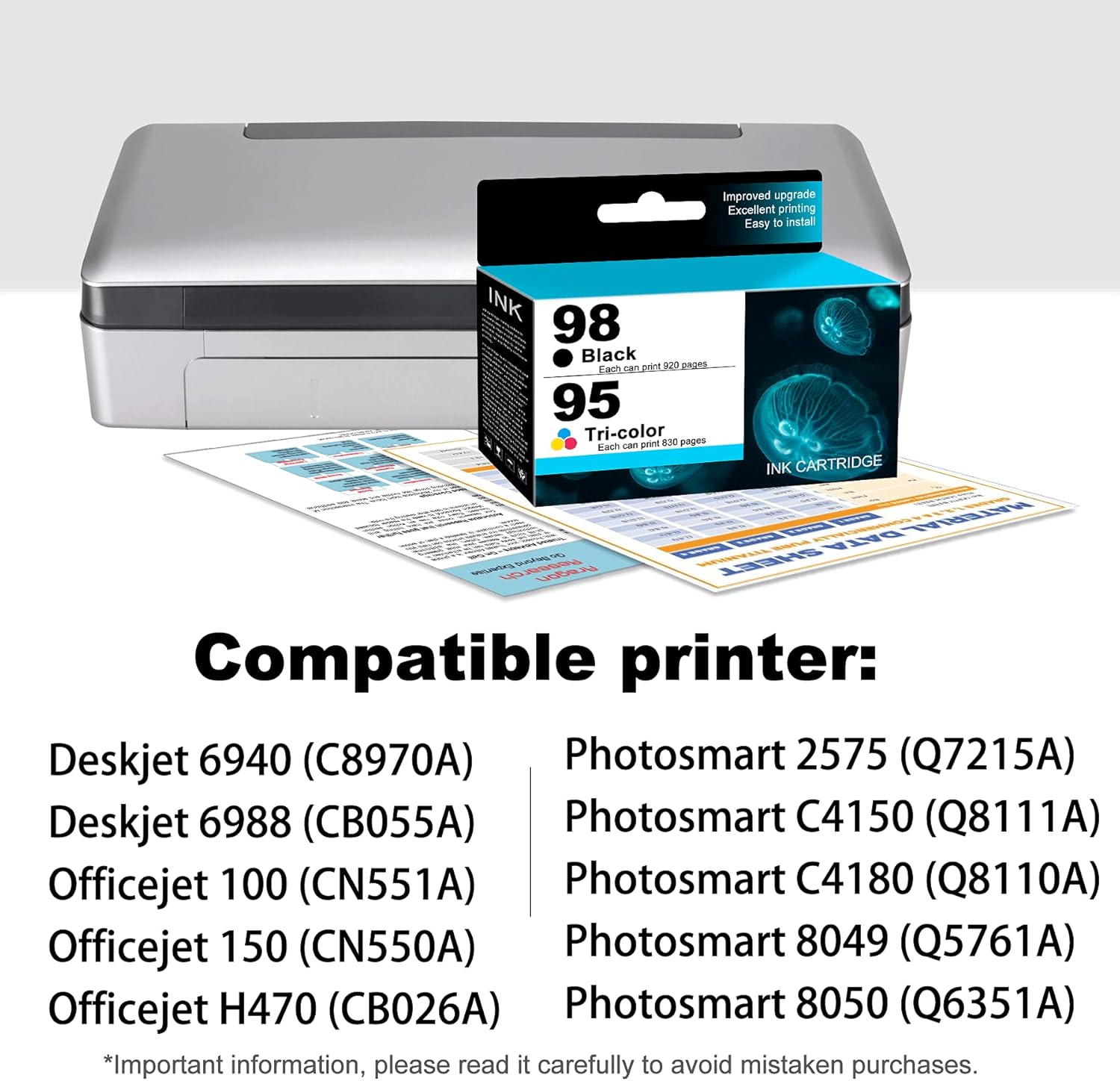 2 Pack Remanufactured Compatible 98 | C9364WN & 95 | C8766WN Ink Cartridge Replacement for HP Photosmart 8050 (Q6351A) C4150 (Q8111A) 2575 (Q7215A) C4180 (Q8110A) Printers.(1 Black + 1 Tri-Color) Pack of 2