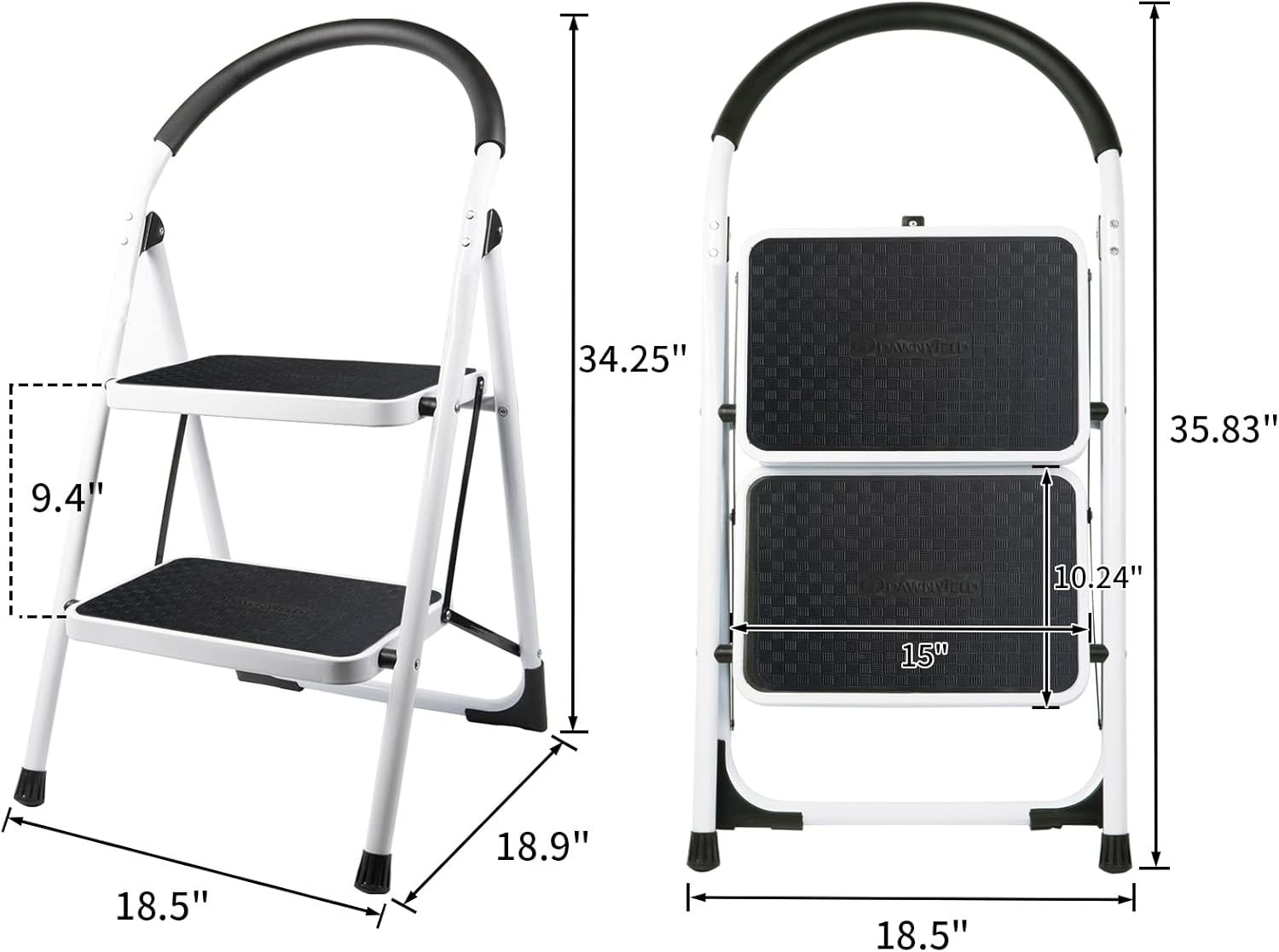 DAWNYIELD 2 Step Folding Ladder 330 LB Capacity with Arc-Shaped Handrail Metal Safety Ladder with Anti-Slip Base and Wide Pedal Multi-Use Lightweight Ladder for Kitchen Pantry Closets Library Office Pack of 2