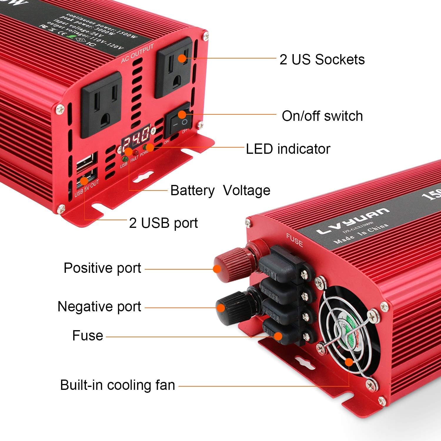 Yinleader Power Inverter 1500W DC 24V to 110V/120V AC w/2 AC Outlets and Dual 3.1A USB Ports for RV Caravan Truck Laptop Camping (Peak Power 3000 Watt)
