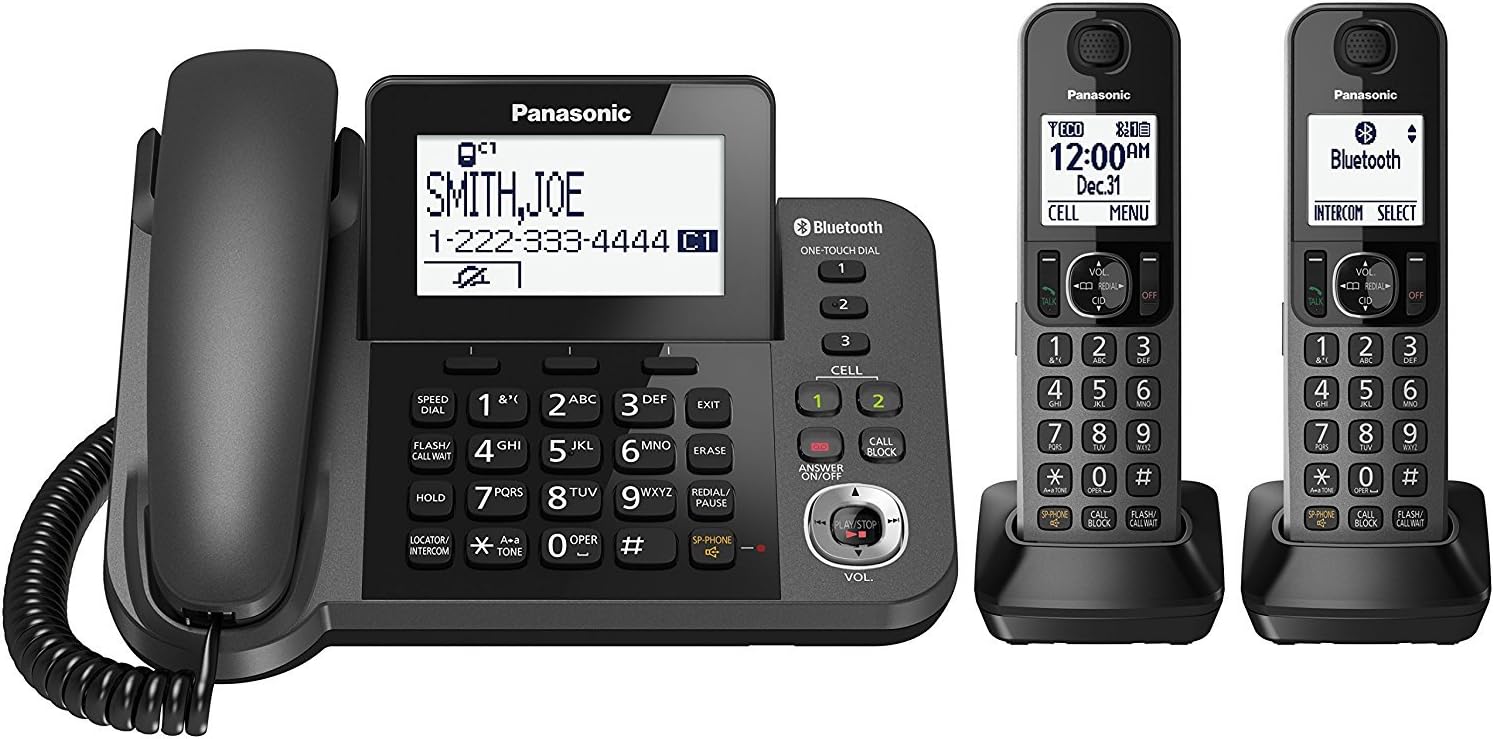 Panasonic KX-TGF382M Link2Cell Bluetooth Corded/Cordless Cordless Phone and Answering Machine with 2 Cordless Handsets (Renewed)
