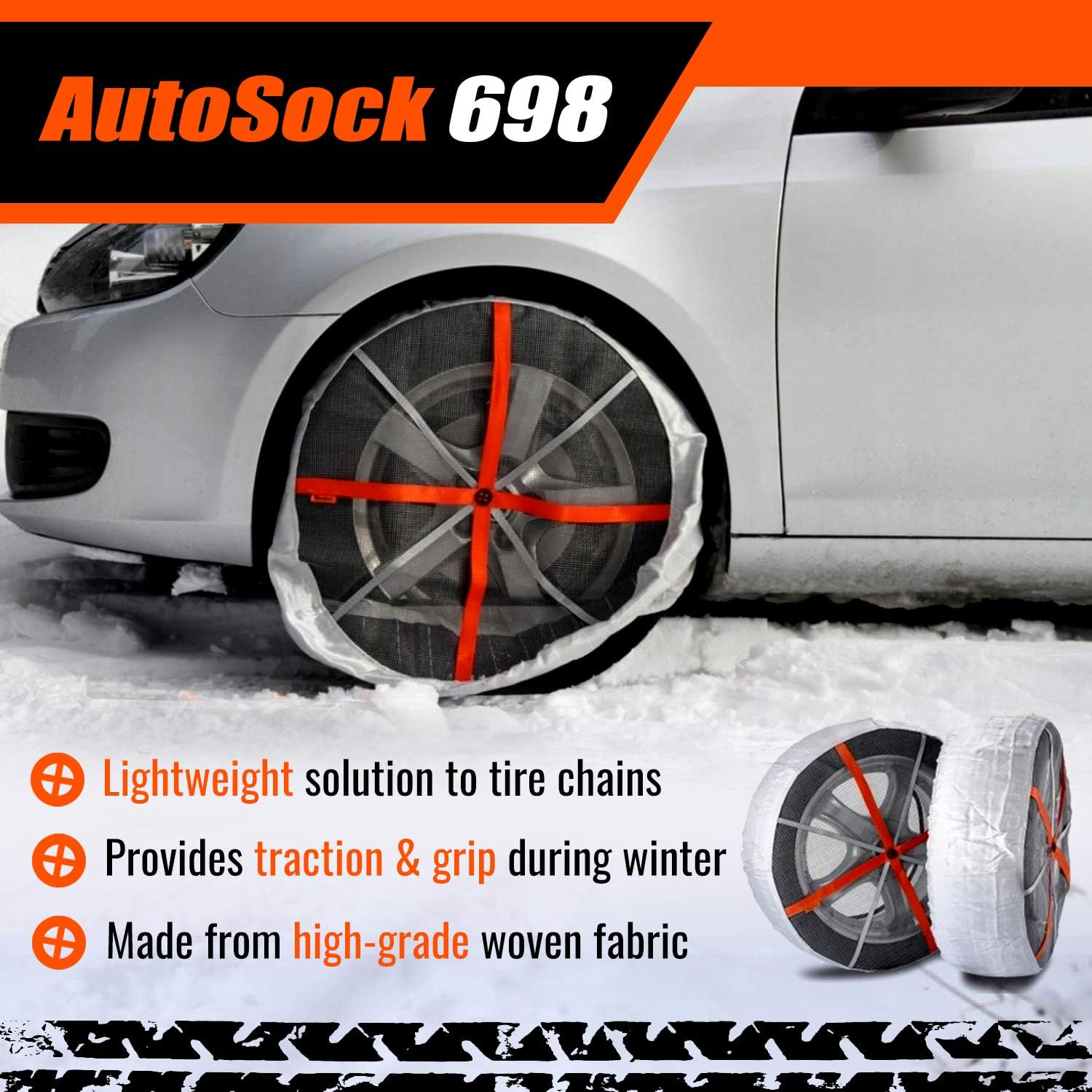 AUTOSOCK 698 - Snow Socks for Car, SUV, & Pickup - Easy to Use Tire Chains Alternative (Pack of 2)