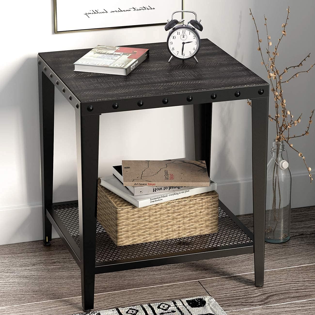 Allewie Rustic End Table with Storage Shelf for Living Room, Night Stand for Bedroom, 2-Tier Side Table with Rivet Design, Wood Look Accent Furniture, Sturdy, Easy Assembly, Rustic Dark Brown