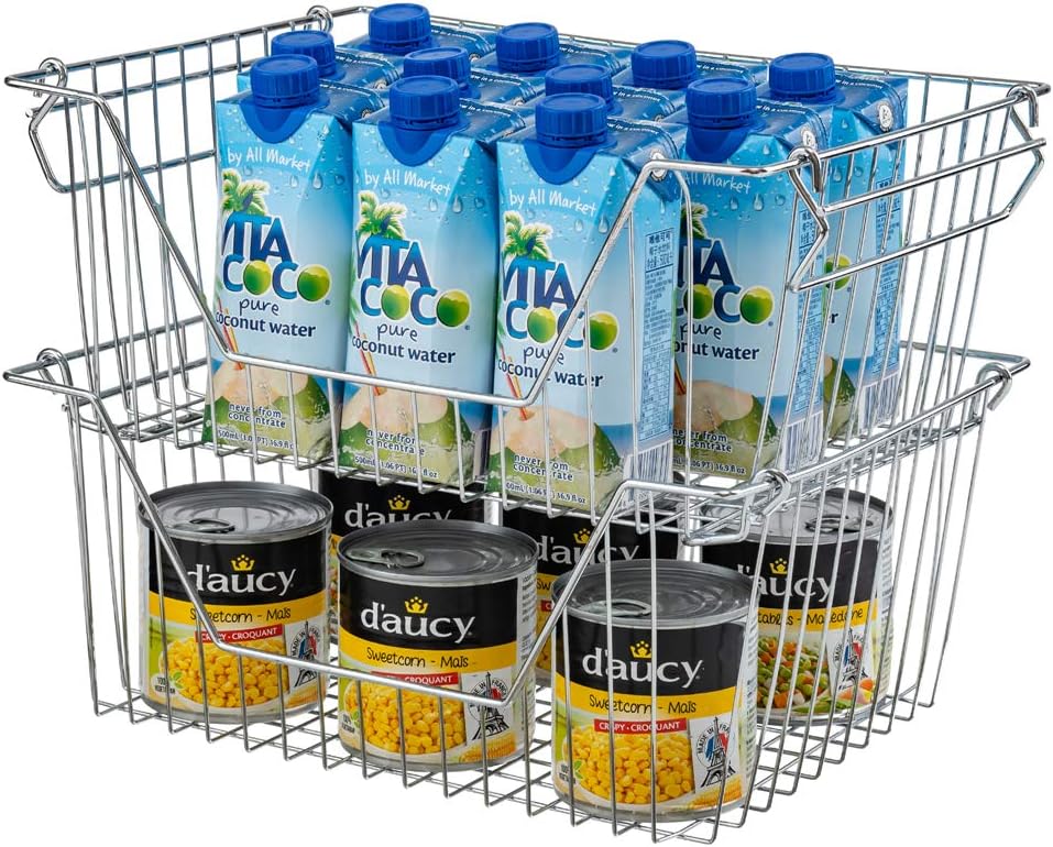 Slideep Large Stackable Storage Baskets Cabinet Organizer Sturdy Metal Wire Pantry Freezer Bin for Pantry Home Bathroom Kitchen Organization 4 Packs Pack of 2