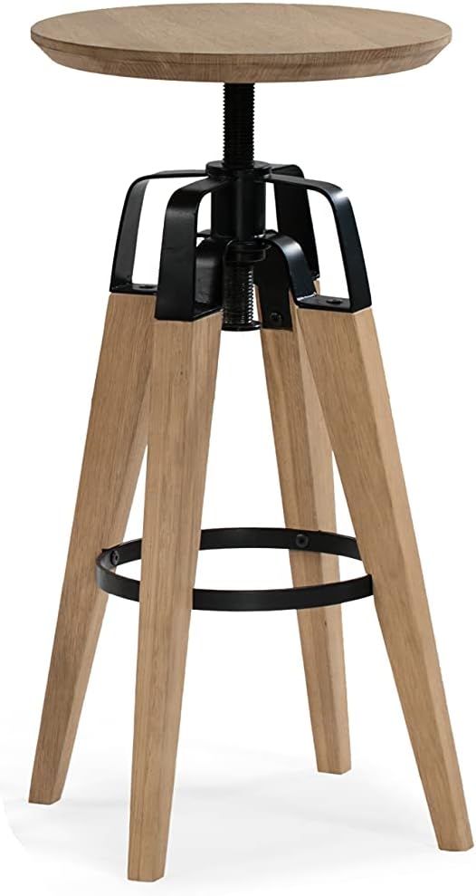 Limari Home Alger Collection Modern Style Round Bar Stool with Solid Seat & Black Powder Coated Steel & Solid Oak Base, Black & Oak