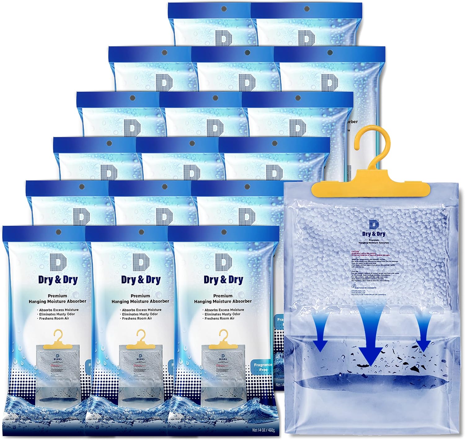 Dry & Dry 18 Packs [Net 14.1 Oz/Pack] Moisture Absorbers to Control Excess Moisture for Basements, Closets, Bathrooms, Laundry Rooms. - Ultra Strong Hanging Moisture Absorbers Pack of 2