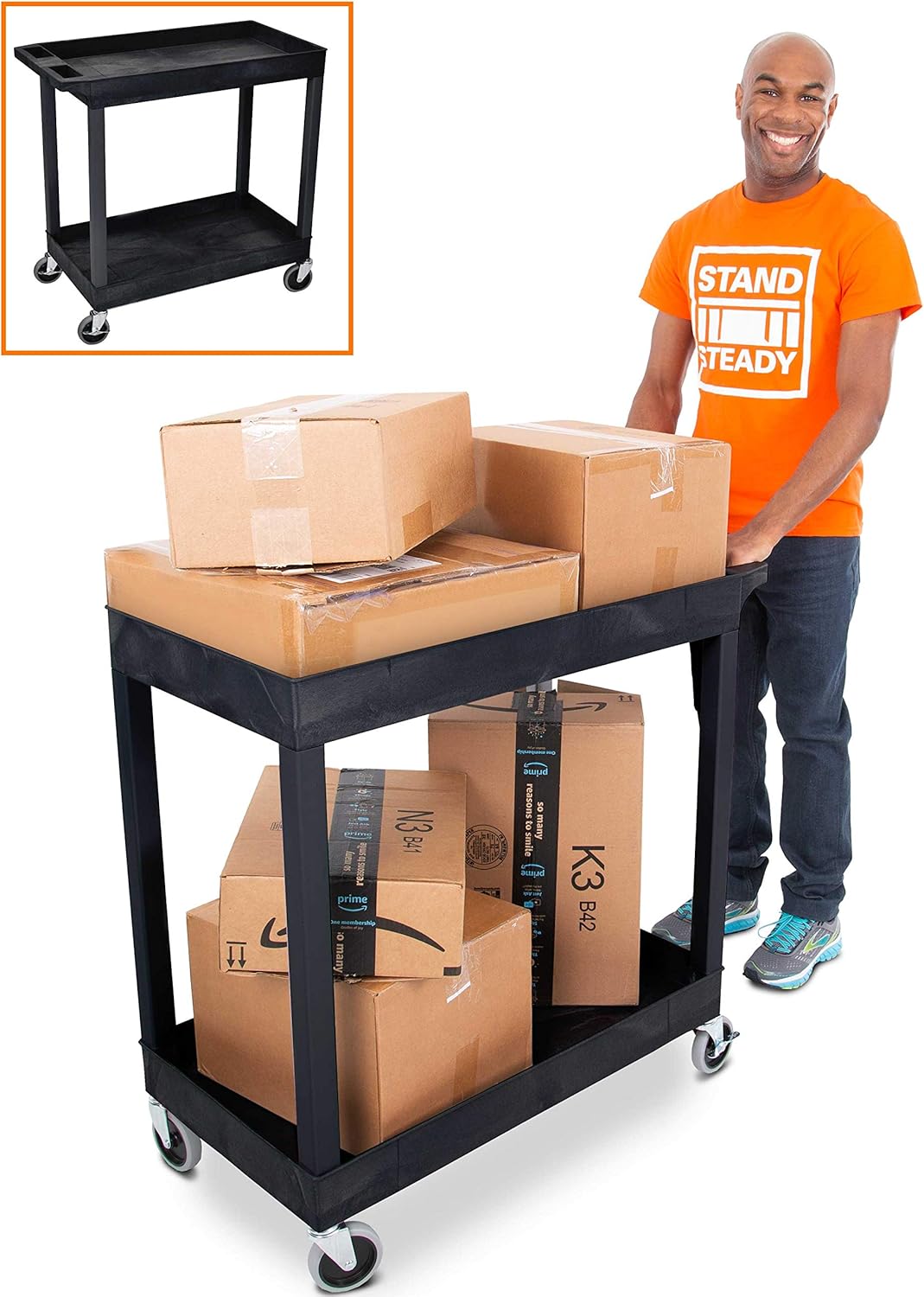 Stand Steady Original Tubstr 2 Shelf Utility Cart/Service Cart - Heavy Duty - Supports up to 400 lbs - Tub Carts w/Deep Shelves - Great for Warehouse, Garage, Cleaning and More! (32 x 18 / Black)