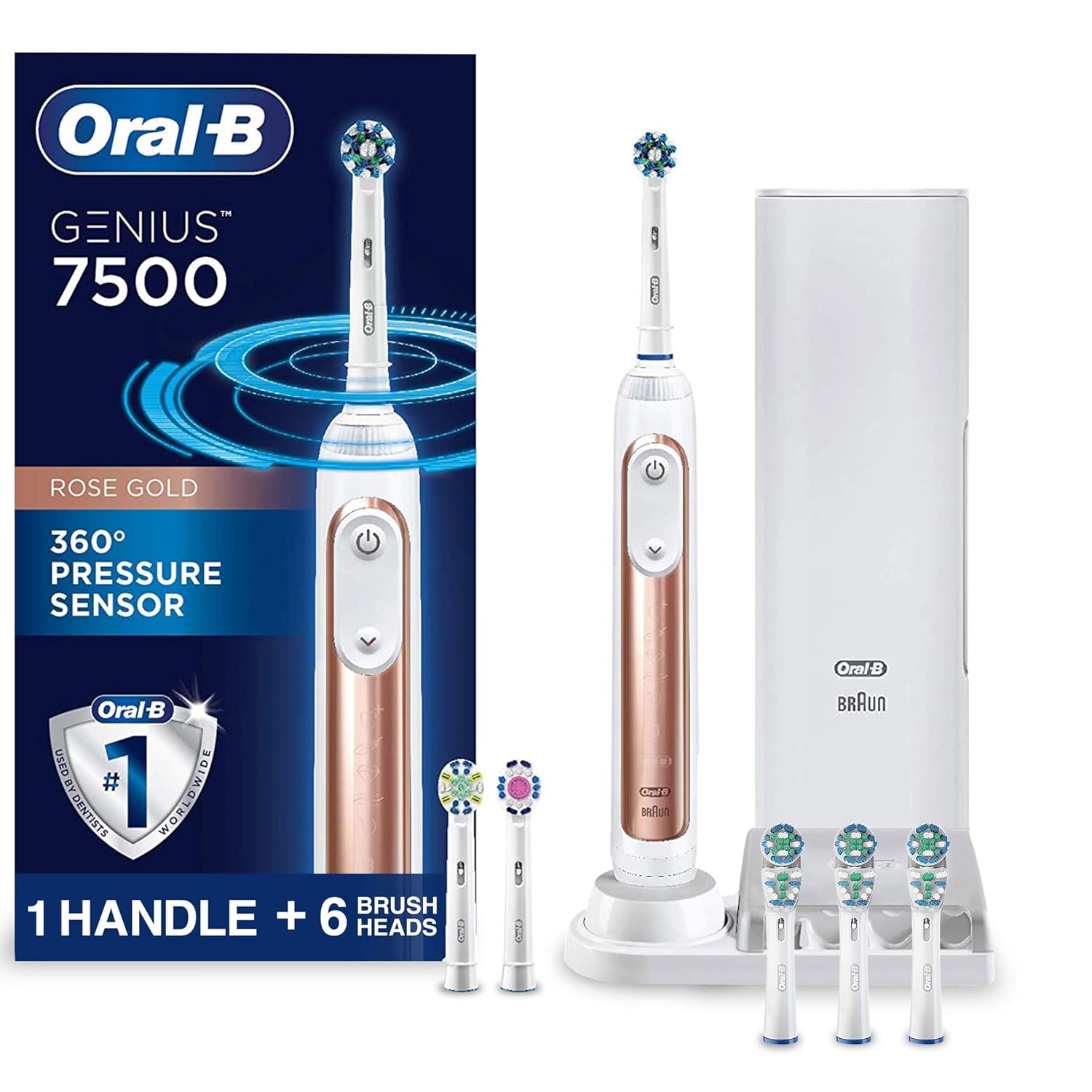 Oral-B 7500 Electric Toothbrush with Replacement Brush Heads and Travel Case, White