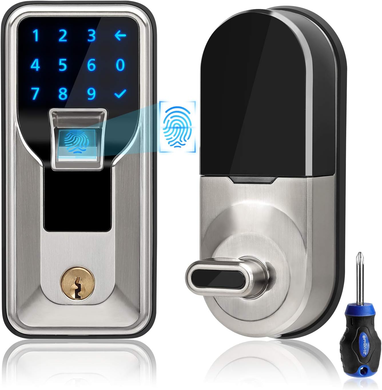 iMagic Electronic Fingerprint Deadbolt, Keypad Entry Door Lock, LED Touch Screen Keypad Lock with Built-in Alarm, One-Touch Locking and Back up Key, Easy to Install for Home and Office (Satin Nickel)