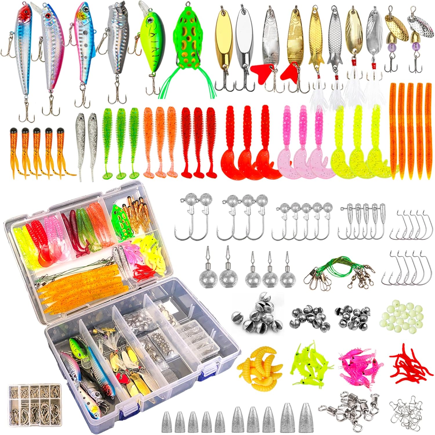 TCMBY 327PCS Fishing Lure Tackle Baits Kit for Freshwater with Tackle Box Including Crankbaits, Soft Plastic Worm, Spinnerbaits, Spoon, Topwater Lures, Hook, Jigs for Bass Trout Fishing.