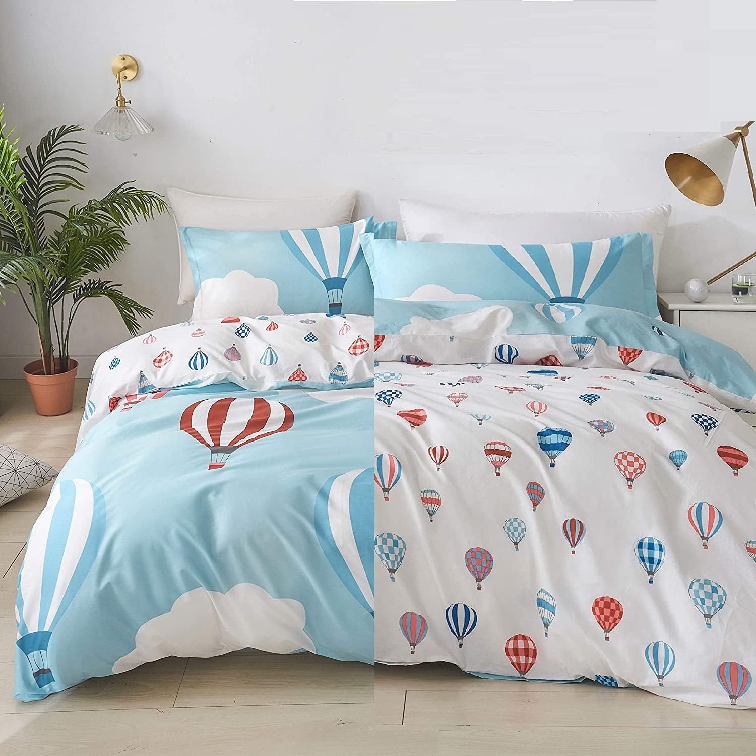 Brandream Kids Bedding Set Twin Size 100% Cotton Blue Boy Girl Adventure Hot Air Balloon Print Reversible Duvet Cover Set 3-Piece (No Comforter Included) Pack of 2