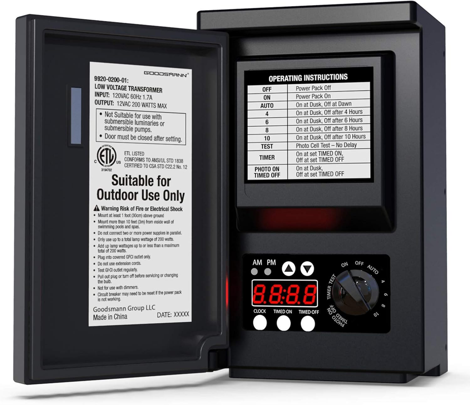 GOODSMANN Low Voltage Transformer 200 Watt with Timer, Photo Eye Sensor and Weather Shield for Outdoor Lighting 120V AC to 12V AC 9920-0200-01