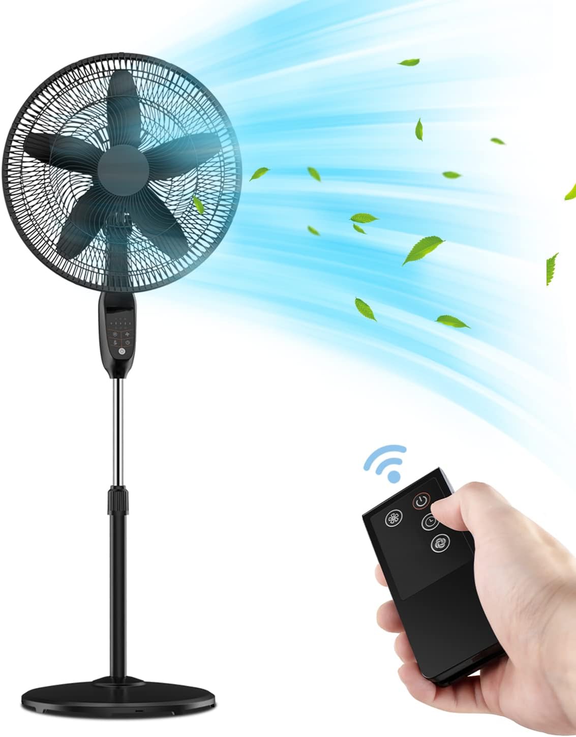 PELONIS PFS45A5BBB 18 inch 5-Blade Oscillating, Adjustable Standing Pedestal Remote, LED Display, 5 Speed Setting and 7-Hour Timer Fan, Black