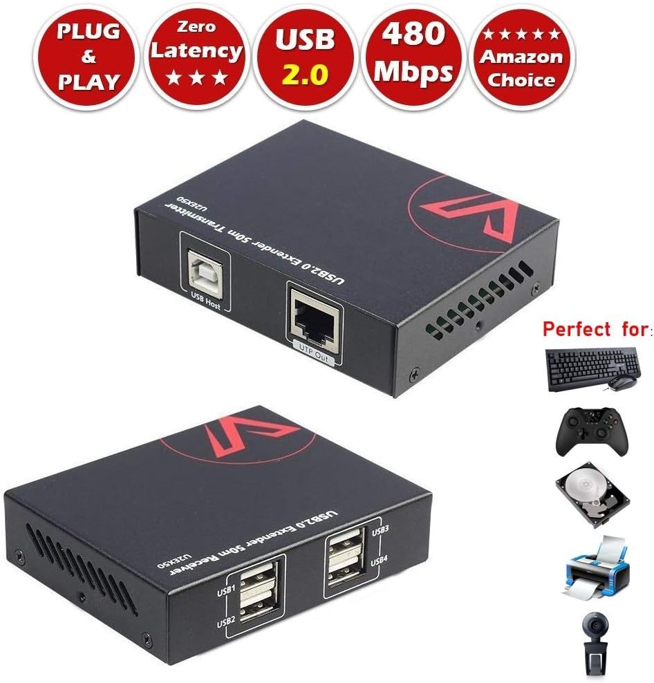 AV Access USB Extender Over Cat5e/6 196ft/60M, 4 USB 2.0 Ports, Plug and Play, No Driver, Supports All Operating System, Two Webcams Work Synchronously, Keyboard and Mouse USB Over Ethernet Pack of 2