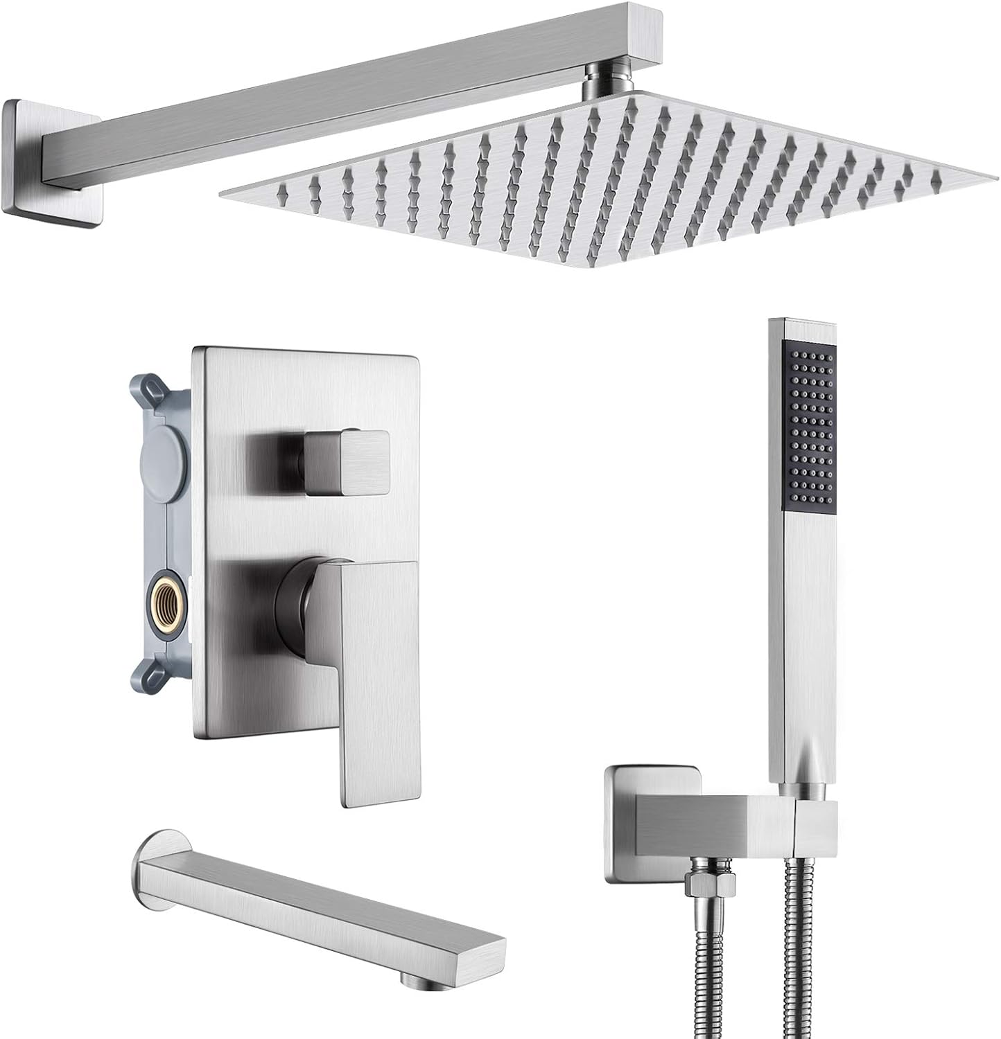 KES Shower System Pressure Balancing Shower Valve with Tub Faucet Spout Set Handheld and 10 Inch Rainfall Shower Head Combo All Metal Matt Black, XB6300-BK