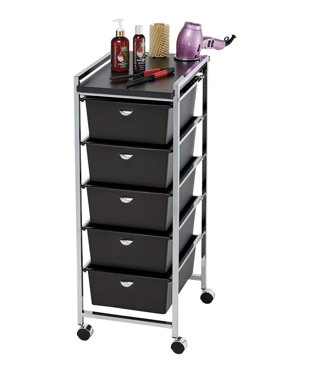 Pibbs 5 Tier Cart Professional Utility Cart/Styling Station on Wheels with Black Top, Metal Appliance Holders, 5 Removable Storage Drawers, PIB-D29-BLK