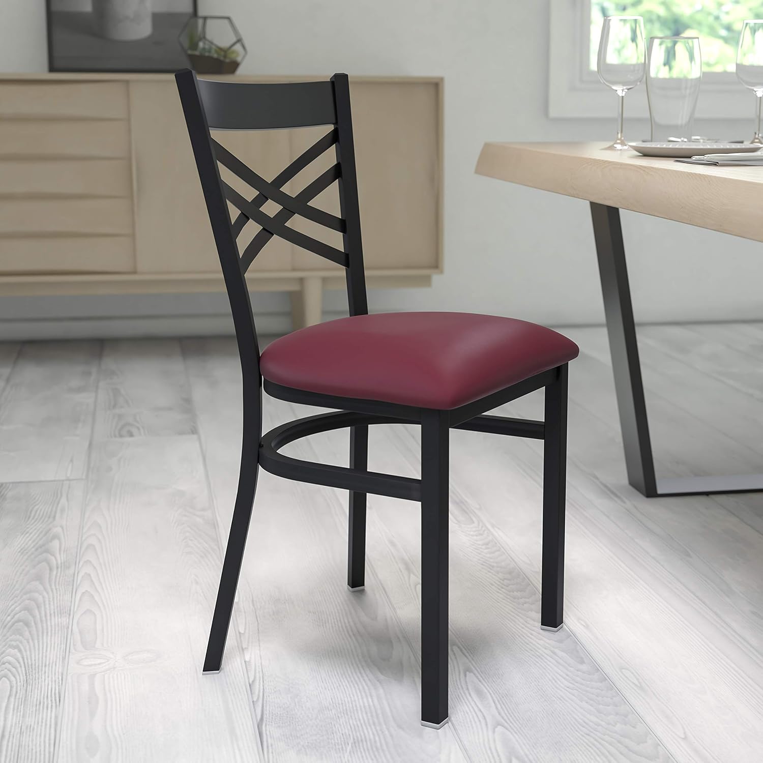 Flash Furniture HERCULES Series Black ''X'' Back Metal Restaurant Chair - Walnut Wood Seat