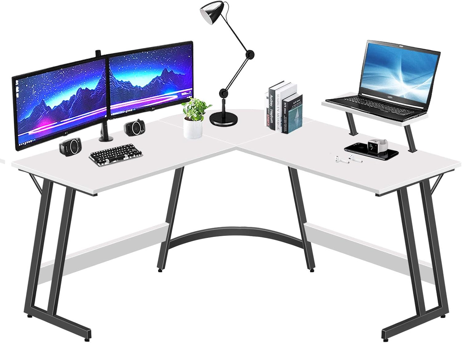 LUFEIYA L Shaped Desk White Corner Computer Desks for Small Space Home Office Student Study Bedroom Gaming PC Work,51 Inch Modern L-Shaped Writing Table with Monitor Stand