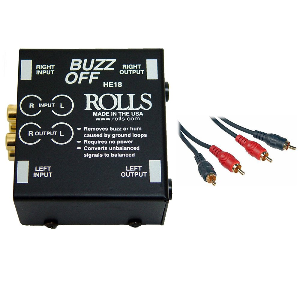 Rolls HE18 Buzz Off 2-Channel Hum and Buzz Remover with 2 RCA Male to 2 RCA Male Dual Audio Cable 3' Pack of 2