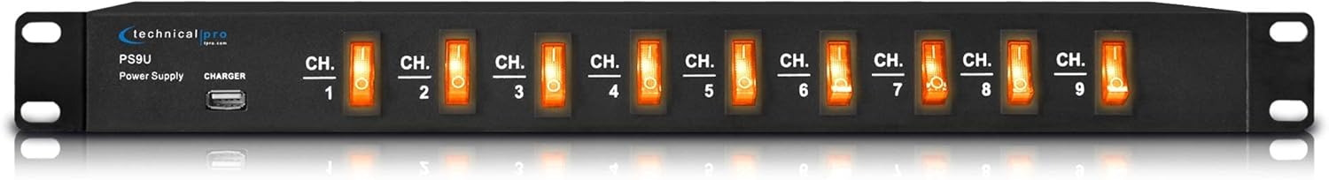 Technical Pro Electric Rack Mount Power Supply Surge Protector with 9 Power switches, 1800 Watts Max Load, 5V USB Charging Port, 9 Outlet High Load Power Cord (4 Foot)… Pack of 2