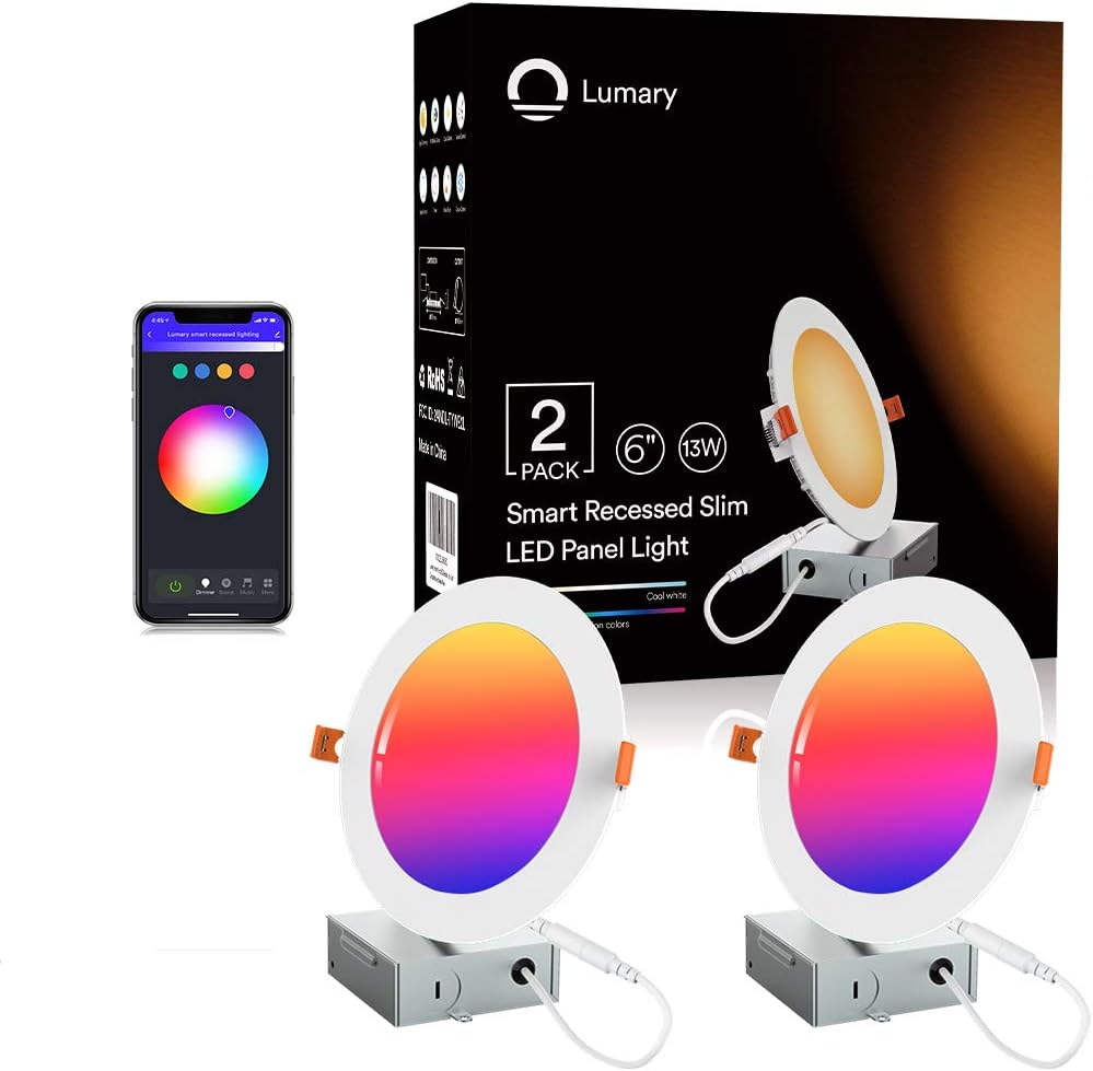 LED Recessed Lighting - Lumary 6 inch Smart WiFi Recessed Lights 13W 1100LM Slim Smart Recessed Lighting with Junction Box Compatible with Alexa/Google Assistant(6 Inch-2PCS) Pack of 2