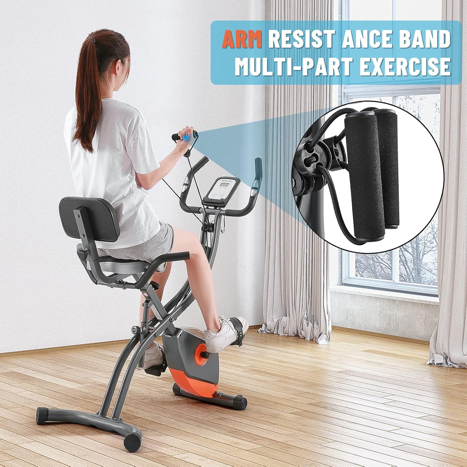 Exercise Bike Foldable Magnetic Upright Stationary Bike with Arm Resistance Bands/Extra Large Adjustable Backrest Seat/LCD Display/Pulse Sensor/for Home Indoor Cycling (3-IN-1 2021 upgraded)