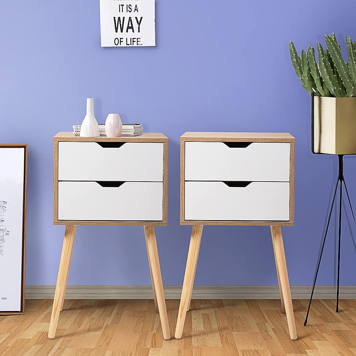Nightstand End Tables with 2 Storage Drawers, Solid Wood Legs Sofa Side Table, Modern Tall Accent Night Stands for Bedroom Furniture Set of 2, Easy Assembly, White