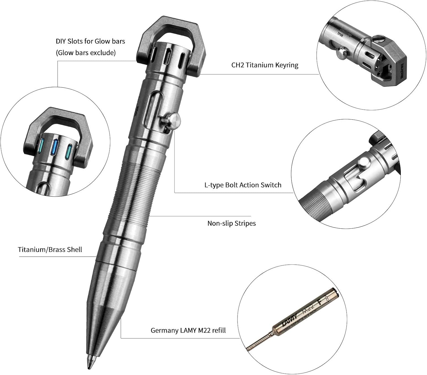 MecArmy TPX8 Mini Titanium/Brass Bolt Action Tactical Pen, Keychain Tactical Pen with 1 D Key Ring (Titanium)