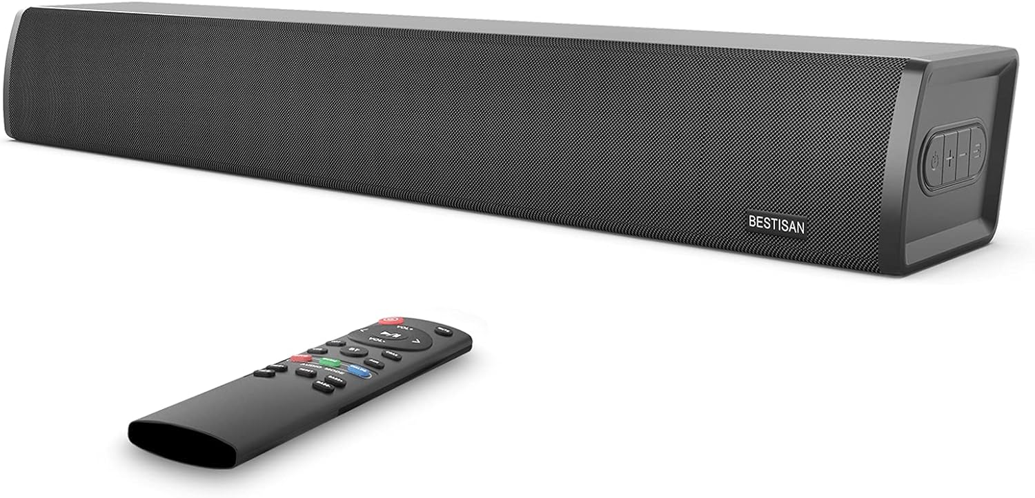 Sound Bar, Bestisan TV Soundbar with Built-in Subwoofer, Wired & Wireless Bluetooth 5.0 Sound Bars, 3 Equalizer Modes Home Audio Speakers, 24-Inch, Bass Adjustable, 80W, Optical/Coax/Aux/USB Pack of 2