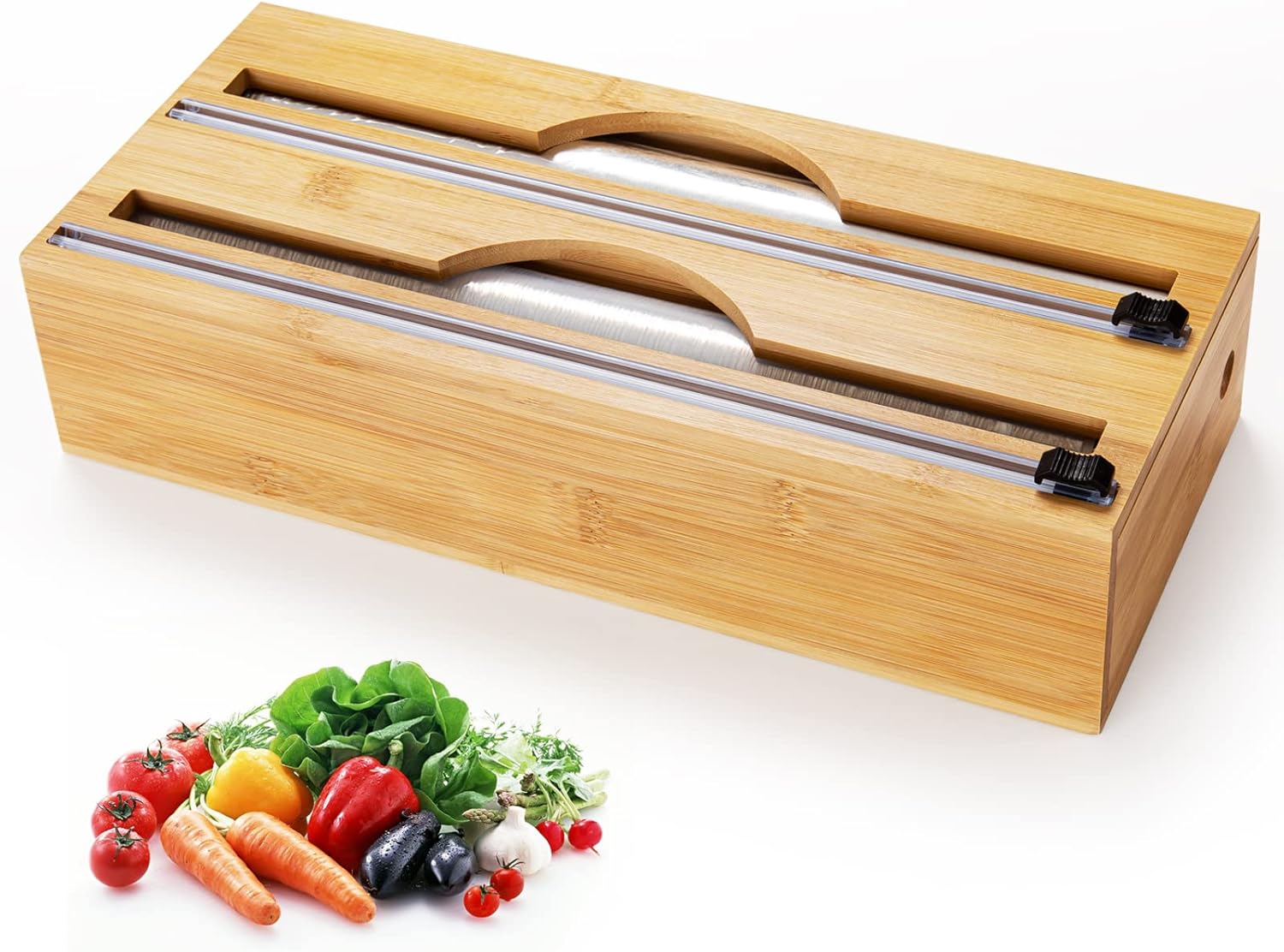 Plastic Wrap Dispenser with Cutter, Foil and Plastic Wrap Organizer 2 in 1 Dispenser with Cutter, Bamboo Aluminum Foil and Wax Paper Dispenser for Kitchen Drawer, Compatible with 12