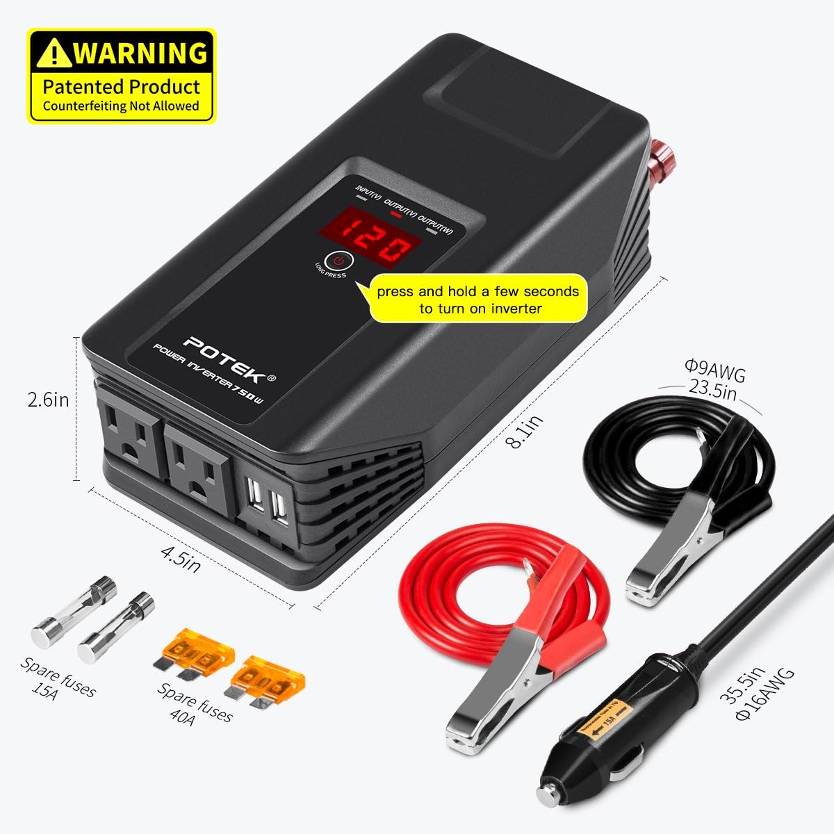 POTEK 750W Power Inverter 12V DC to 110V AC Car Adapter with Two USB and AC Charging Ports for Laptop,Tablet, Smartphone,Camera and More Pack of 2