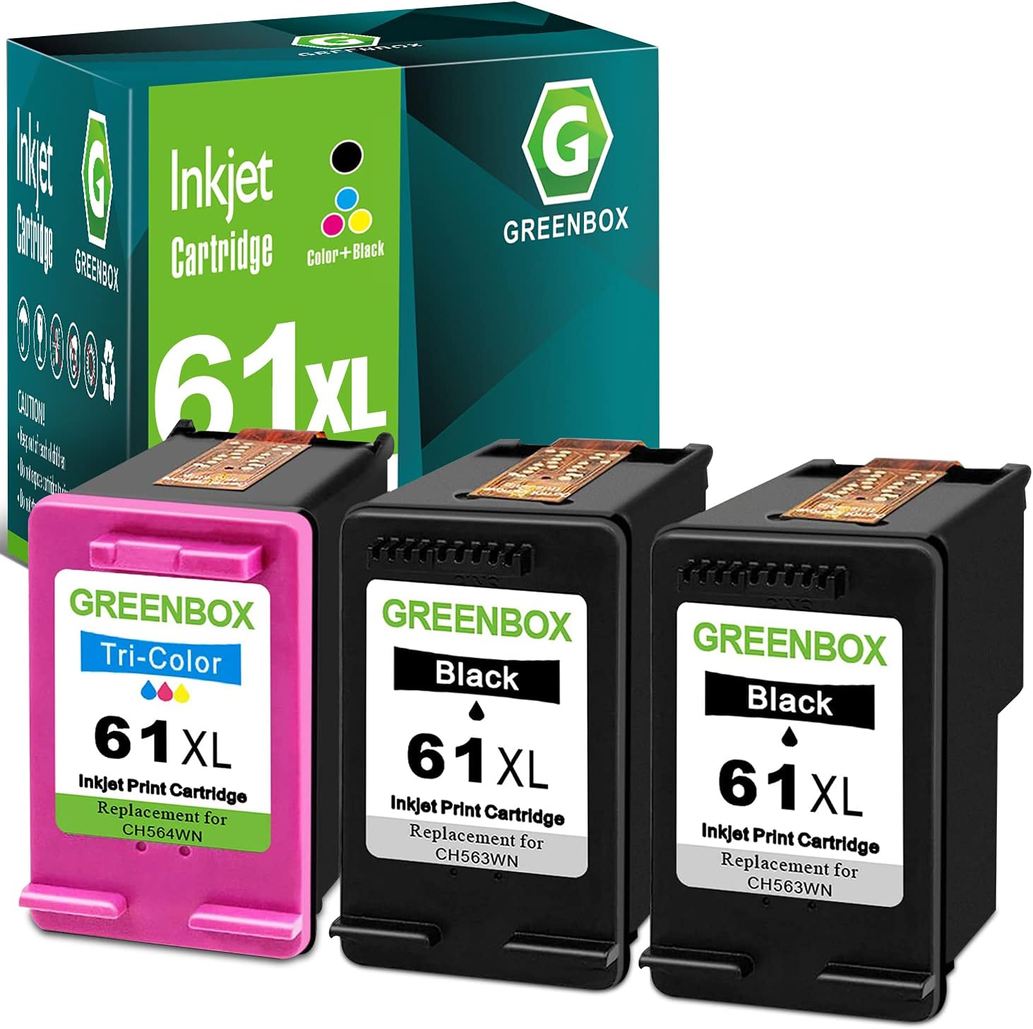 GREENBOX Remanufactured Ink Cartridge 61 Replacement for HP 61XL 61 XL for Hp Envy 4500 5530 5534 5535 Deskjet 1000 1056 1010 1510 1512 2540 3050 Officejet 2620 Printer (2 Black 1 Tri-Color) Pack of 2