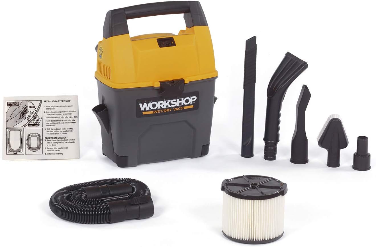 WORKSHOP Wet/Dry Vacs Vacuum WS0301VA Portable Wet/Dry Vacuum Cleaner For Car, 3-Gallon Wet/Dry Auto Vacuum Cleaner, 3.5 Peak HP Portable Auto Vacuum With Accessories For Car Cleaning