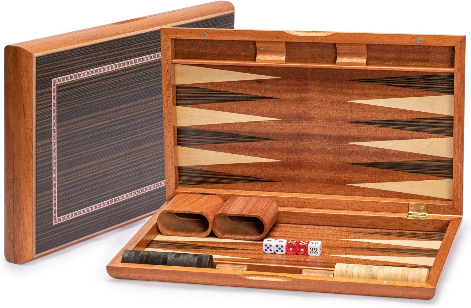Yellow Mountain Imports Wooden Inlaid Backgammon Game Set - Dorne - Classic Strategy Board Game Set with Wooden Playing Pieces and Dice Cups, 17-inch Board