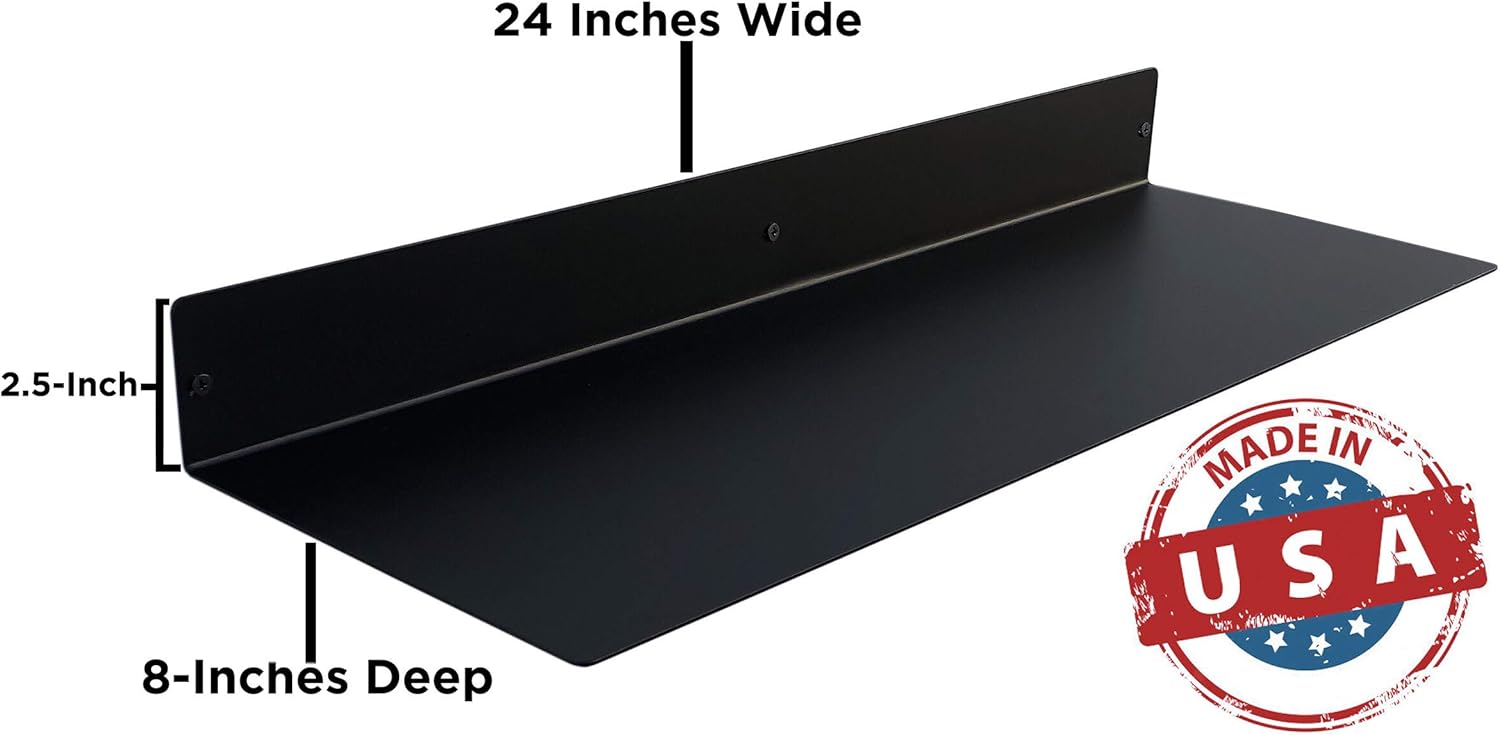 MADE IN USA by DIY CARTEL - Linear Floating Shelf - Steel / Metal - Professionally Powder Coated - Industrial Heavy Duty Wall Mounted Modern Rustic Shelf Ledge (24-in X 8-in Powder Coated Matte Black) Pack of 2