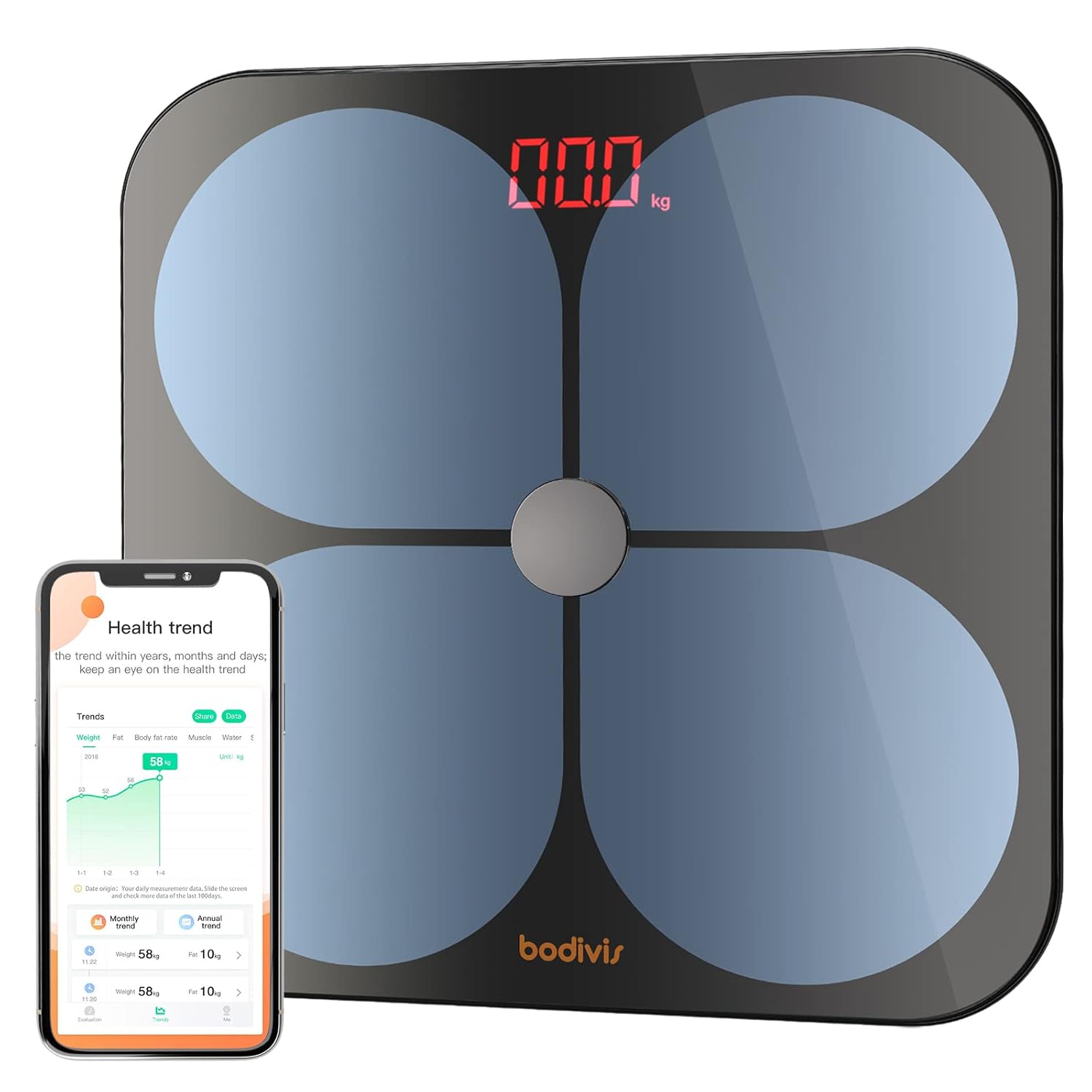 bodivis Body Fat Scale, Smart BMI Digital Scale White Wireless Measure Weight Scale, 21 Body Composition Analyzer with Smartphone App sync with Bluetooth, Black